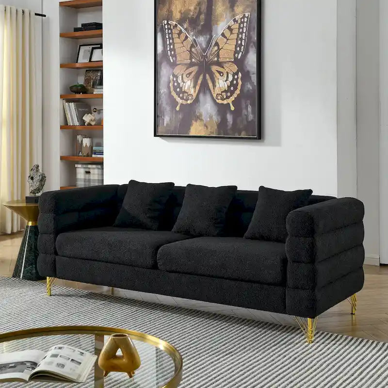 Canapé Art Déco 3 places en tissu Teddy, 3 coussins lombaires et pieds en métal doré — 205 cm