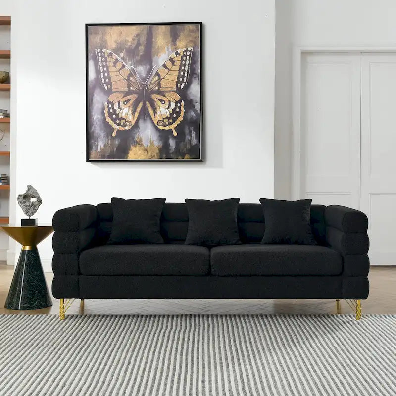 Canapé Art Déco 3 places en tissu Teddy, 3 coussins lombaires et pieds en métal doré — 205 cm