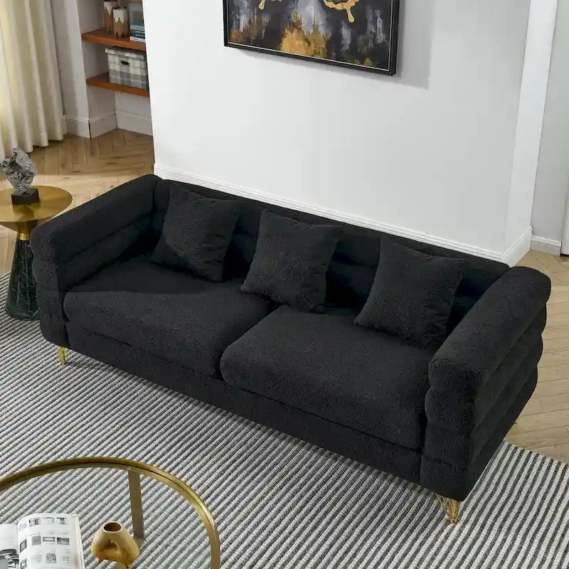 Canapé Art Déco 3 places en tissu Teddy, 3 coussins lombaires et pieds en métal doré — 205 cm