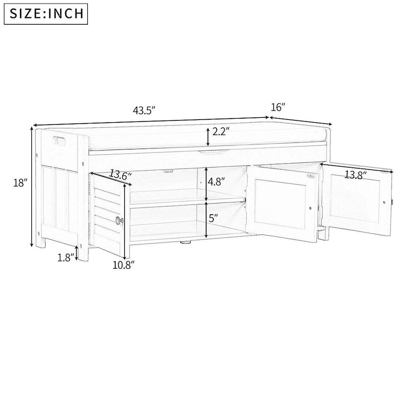 Banc de rangement pour chaussures de ferme avec coussin, portes persiennes et compartiment caché