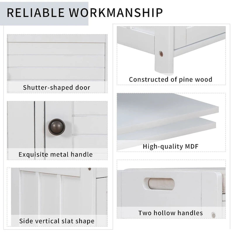 Banc de rangement pour chaussures de ferme avec coussin, portes persiennes et compartiment caché