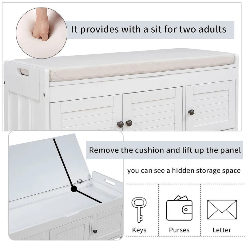 Banc de rangement pour chaussures de ferme avec coussin, portes persiennes et compartiment caché