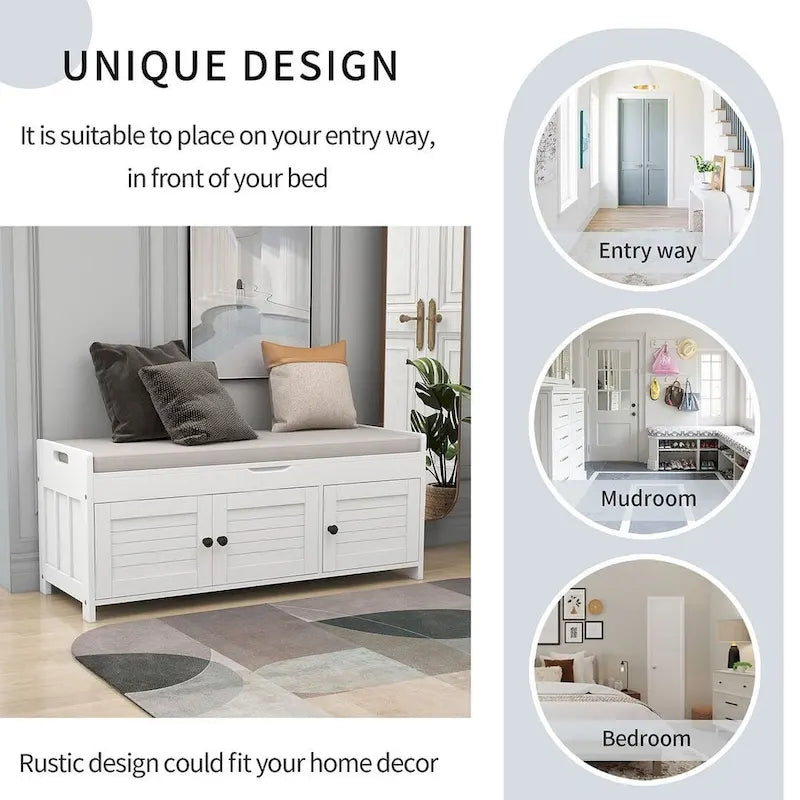 Banc de rangement pour chaussures de ferme avec coussin, portes persiennes et compartiment caché
