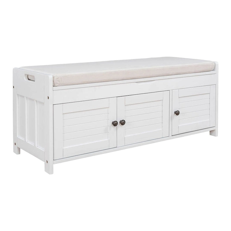 Banc de rangement pour chaussures de ferme avec coussin, portes persiennes et compartiment caché