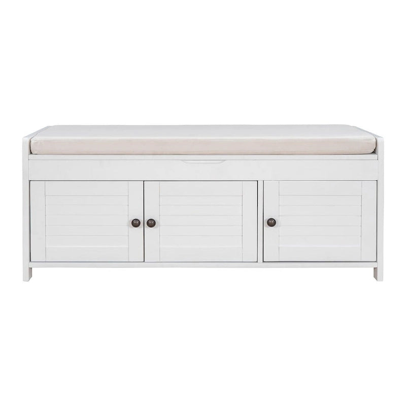 Banc de rangement pour chaussures de ferme avec coussin, portes persiennes et compartiment caché