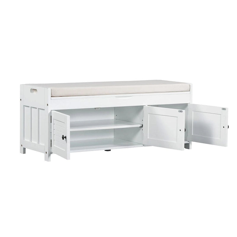 Banc de rangement pour chaussures de ferme avec coussin, portes persiennes et compartiment caché