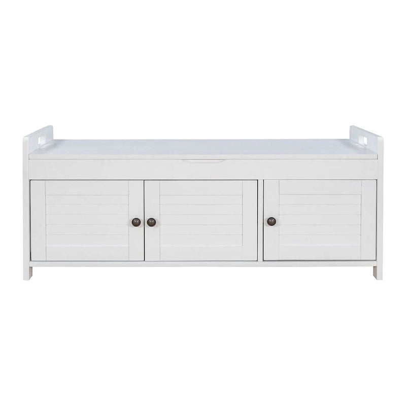 Banc de rangement pour chaussures de ferme avec coussin, portes persiennes et compartiment caché