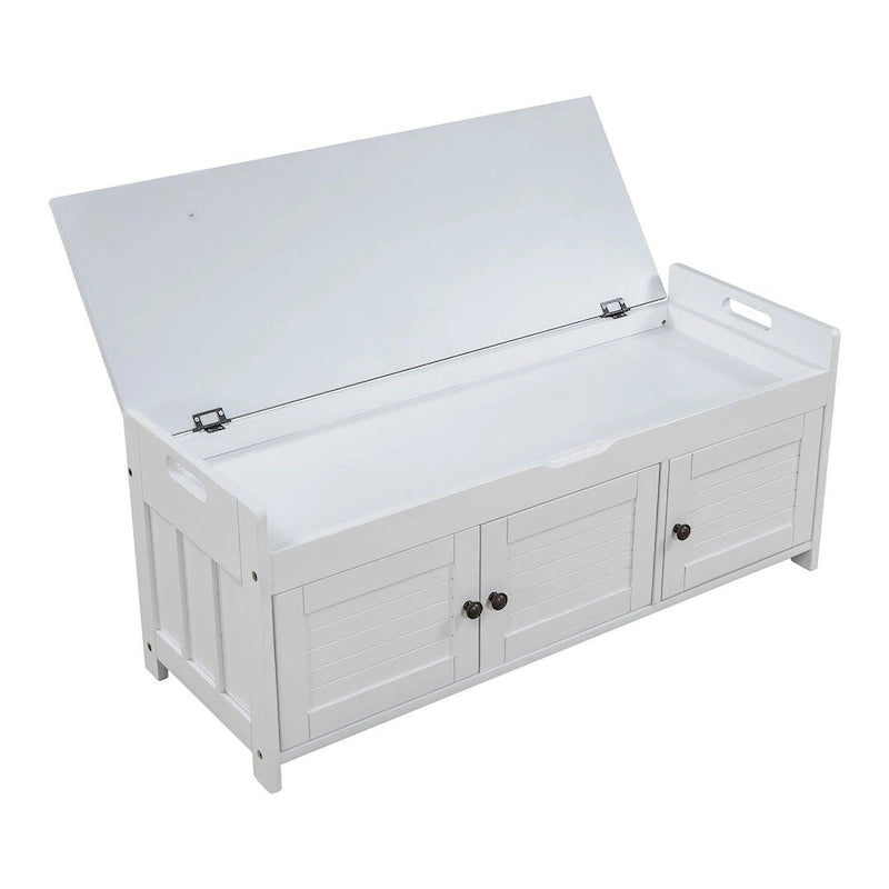 Banc de rangement pour chaussures de ferme avec coussin, portes persiennes et compartiment caché