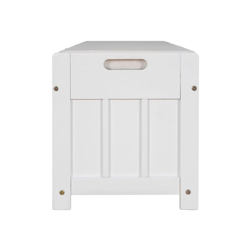 Banc de rangement pour chaussures de ferme avec coussin, portes persiennes et compartiment caché