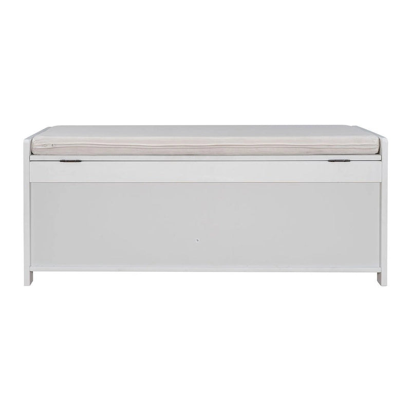Banc de rangement pour chaussures de ferme avec coussin, portes persiennes et compartiment caché