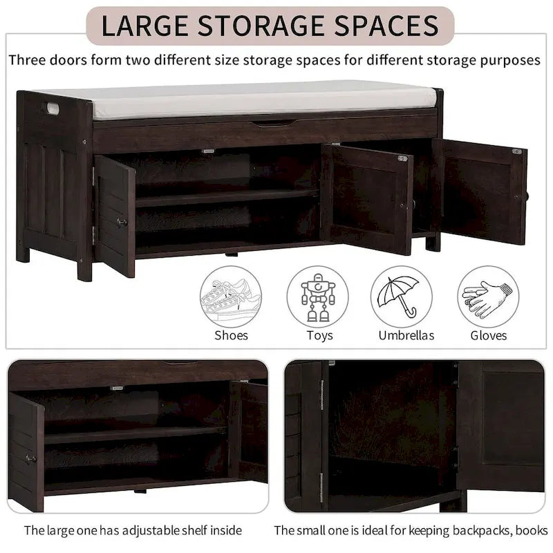 Banc de rangement pour chaussures de ferme avec coussin, portes persiennes et compartiment caché