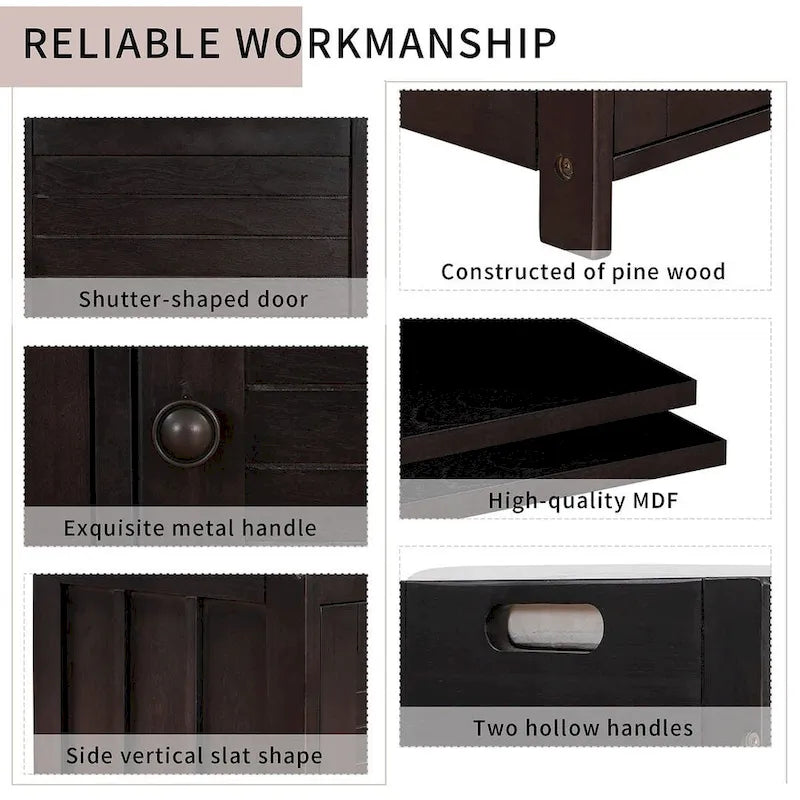Banc de rangement pour chaussures de ferme avec coussin, portes persiennes et compartiment caché