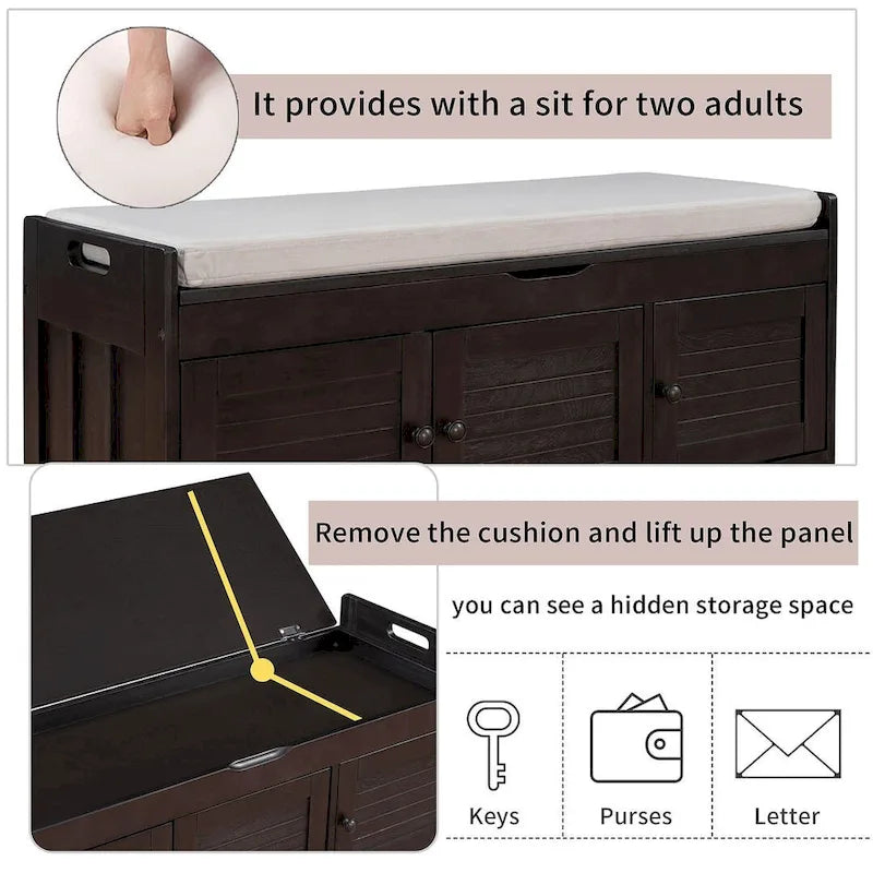 Banc de rangement pour chaussures de ferme avec coussin, portes persiennes et compartiment caché
