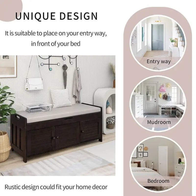 Banc de rangement pour chaussures de ferme avec coussin, portes persiennes et compartiment caché