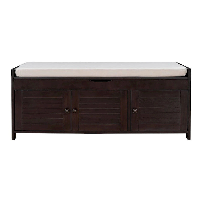 Banc de rangement pour chaussures de ferme avec coussin, portes persiennes et compartiment caché