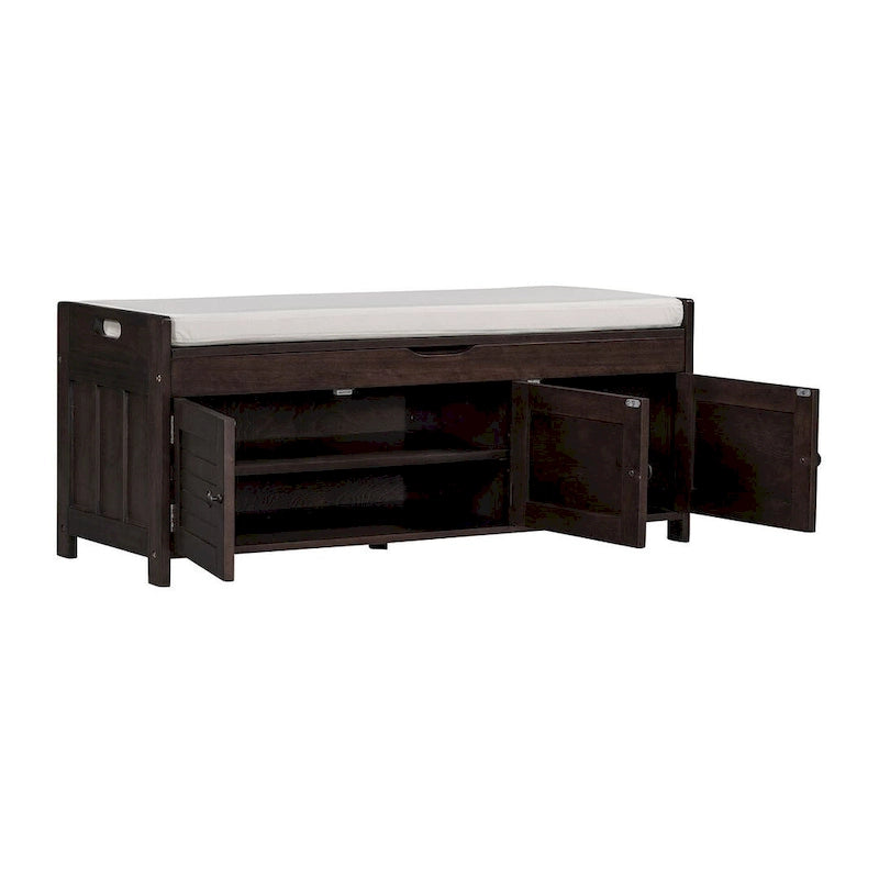 Banc de rangement pour chaussures de ferme avec coussin, portes persiennes et compartiment caché