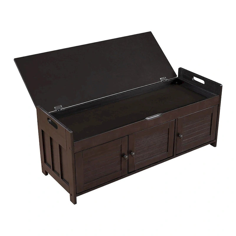Banc de rangement pour chaussures de ferme avec coussin, portes persiennes et compartiment caché