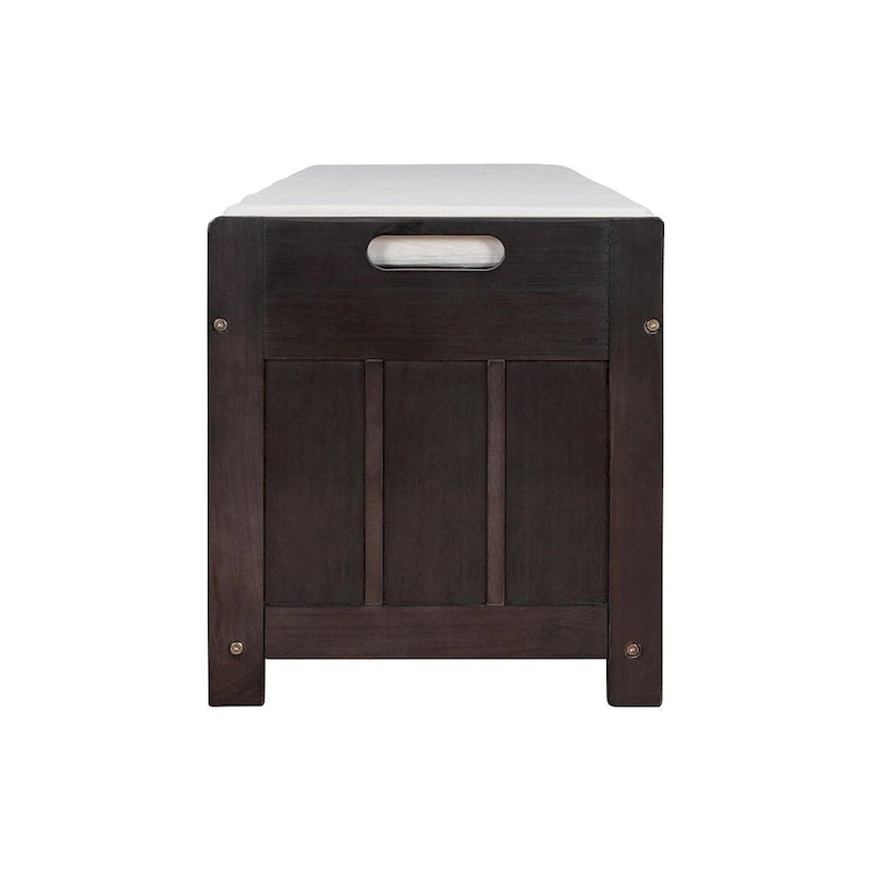Banc de rangement pour chaussures de ferme avec coussin, portes persiennes et compartiment caché