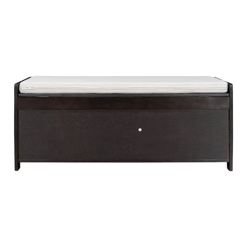 Banc de rangement pour chaussures de ferme avec coussin, portes persiennes et compartiment caché