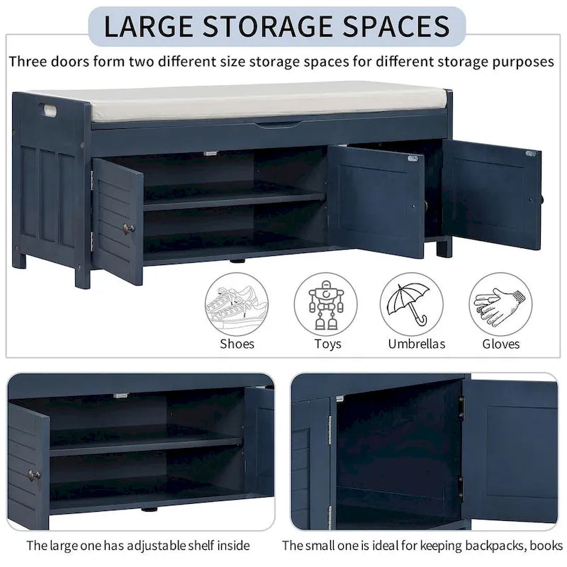 Banc de rangement pour chaussures de ferme avec coussin, portes persiennes et compartiment caché