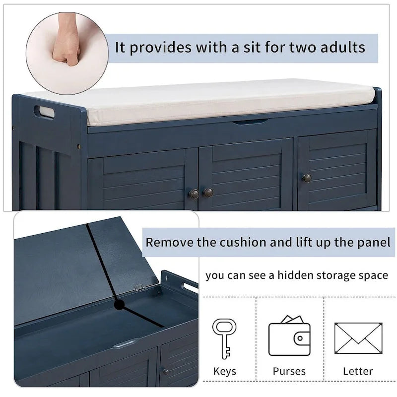 Banc de rangement pour chaussures de ferme avec coussin, portes persiennes et compartiment caché