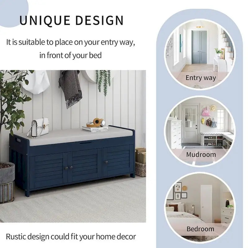 Banc de rangement pour chaussures de ferme avec coussin, portes persiennes et compartiment caché