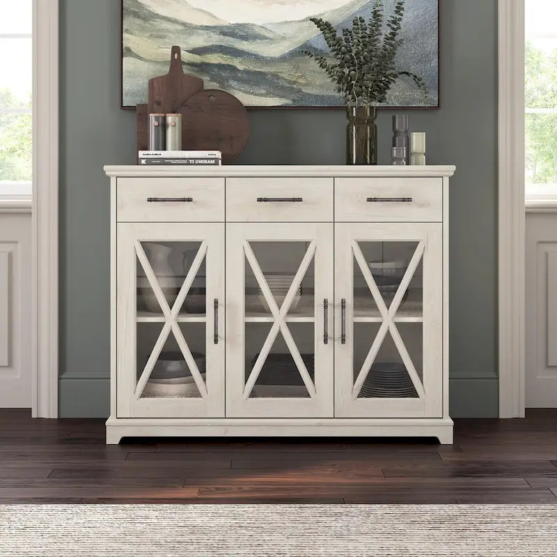 Buffet vaisselier de ferme avec portes vitrées et 3 tiroirs 117 cm