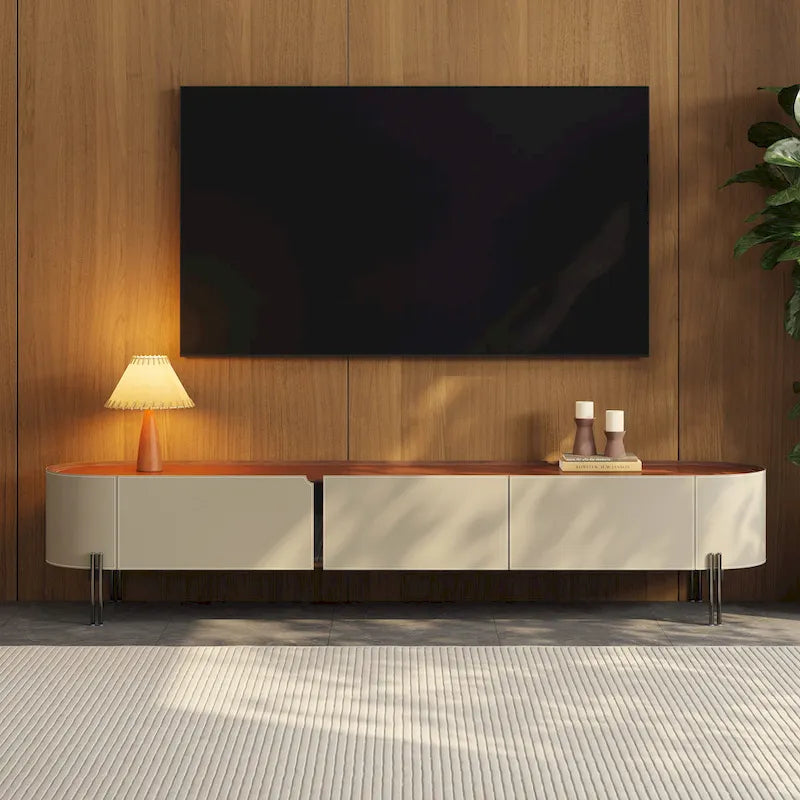 Meuble TV moderne en cuir de selle avec 3 tiroirs et pieds en acier — Console de divertissement de 200 cm