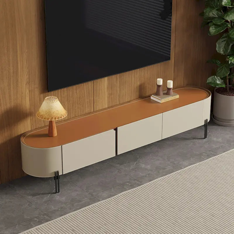Meuble TV moderne en cuir de selle avec 3 tiroirs et pieds en acier — Console de divertissement de 200 cm