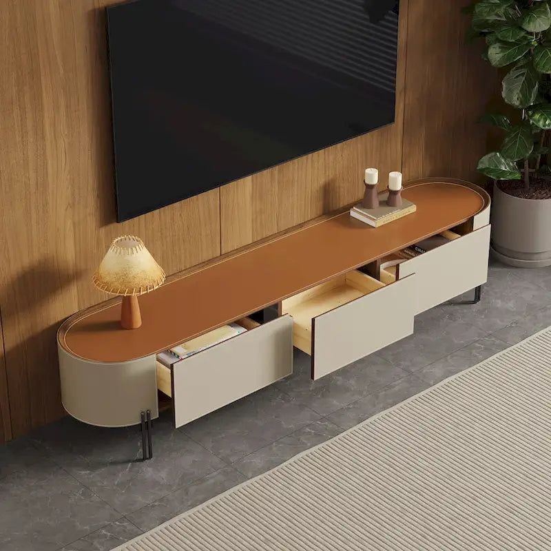 Meuble TV moderne en cuir de selle avec 3 tiroirs et pieds en acier — Console de divertissement de 200 cm
