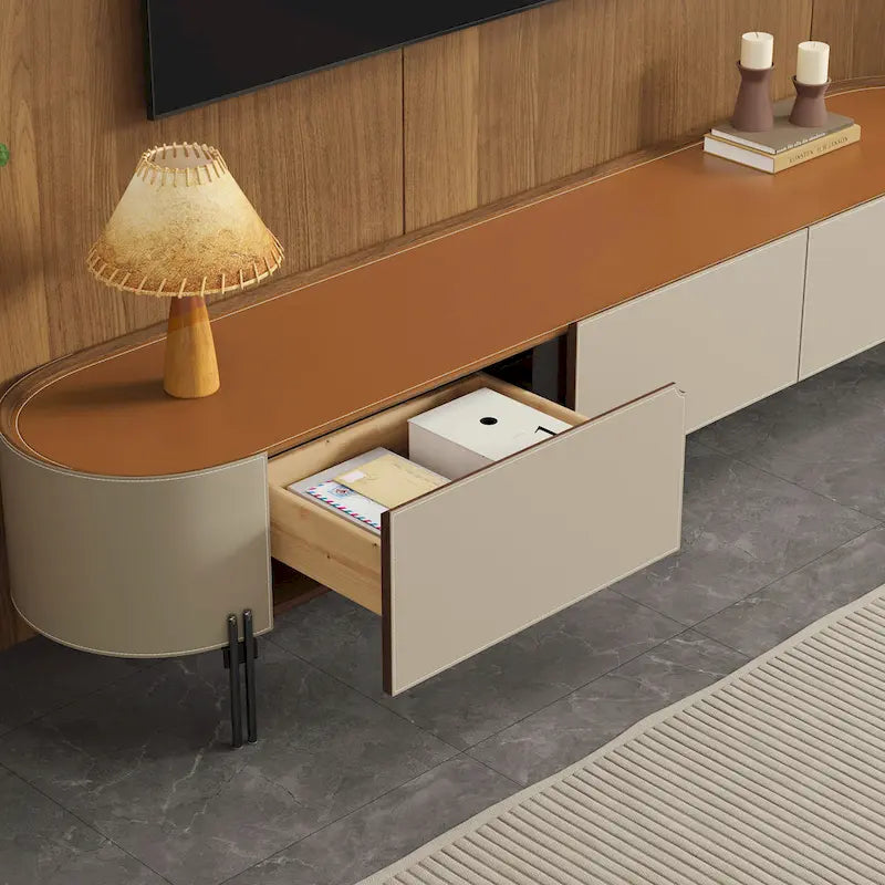 Meuble TV moderne en cuir de selle avec 3 tiroirs et pieds en acier — Console de divertissement de 200 cm