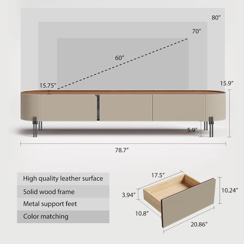 Meuble TV moderne en cuir de selle avec 3 tiroirs et pieds en acier — Console de divertissement de 200 cm