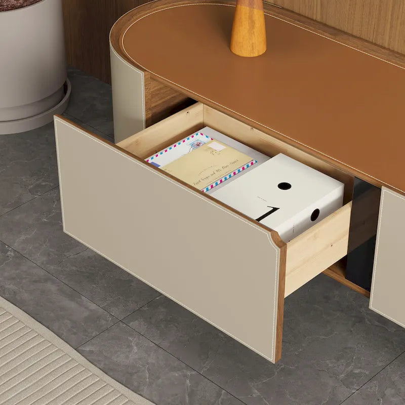 Meuble TV moderne en cuir de selle avec 3 tiroirs et pieds en acier — Console de divertissement de 200 cm