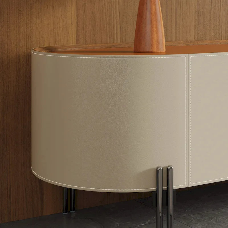 Meuble TV moderne en cuir de selle avec 3 tiroirs et pieds en acier — Console de divertissement de 200 cm