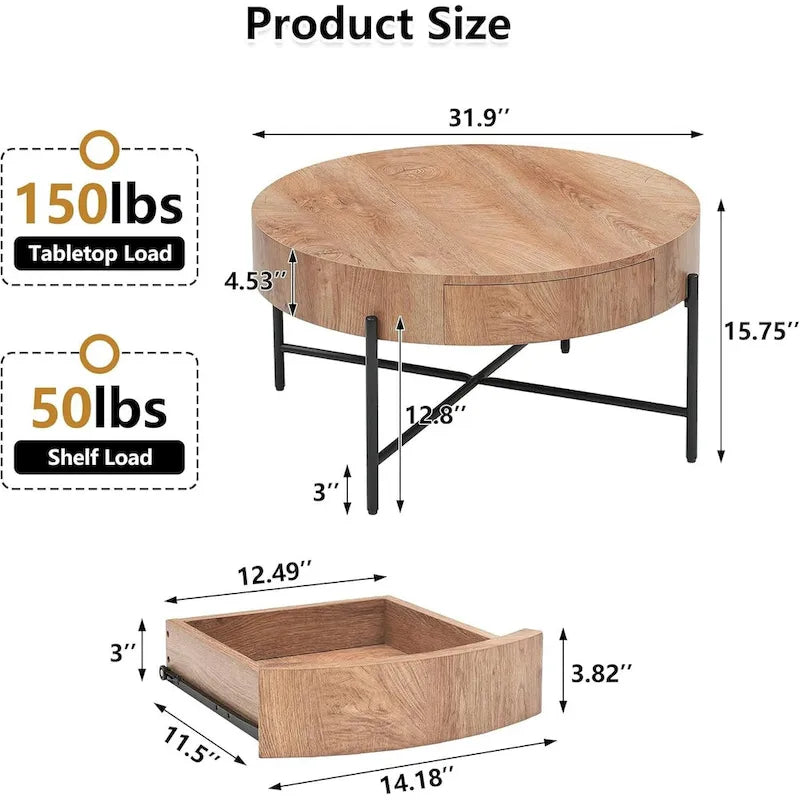 Table basse ronde en bois avec 2 tiroirs