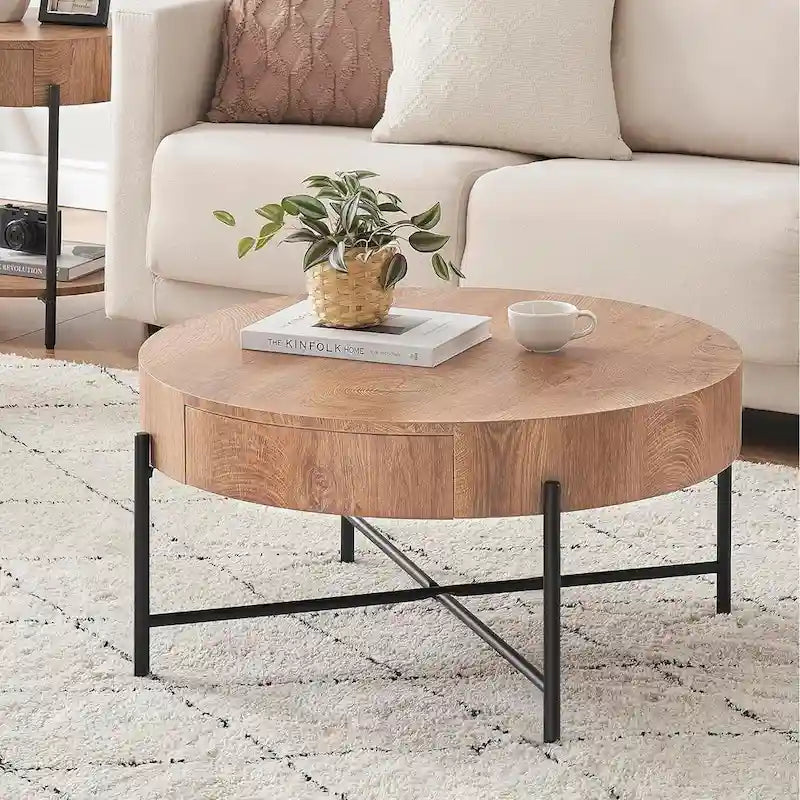 Table basse ronde en bois avec 2 tiroirs