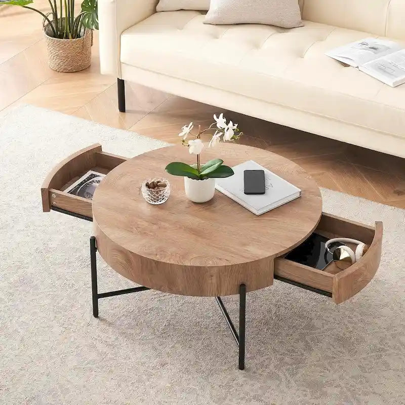 Table basse ronde en bois avec 2 tiroirs