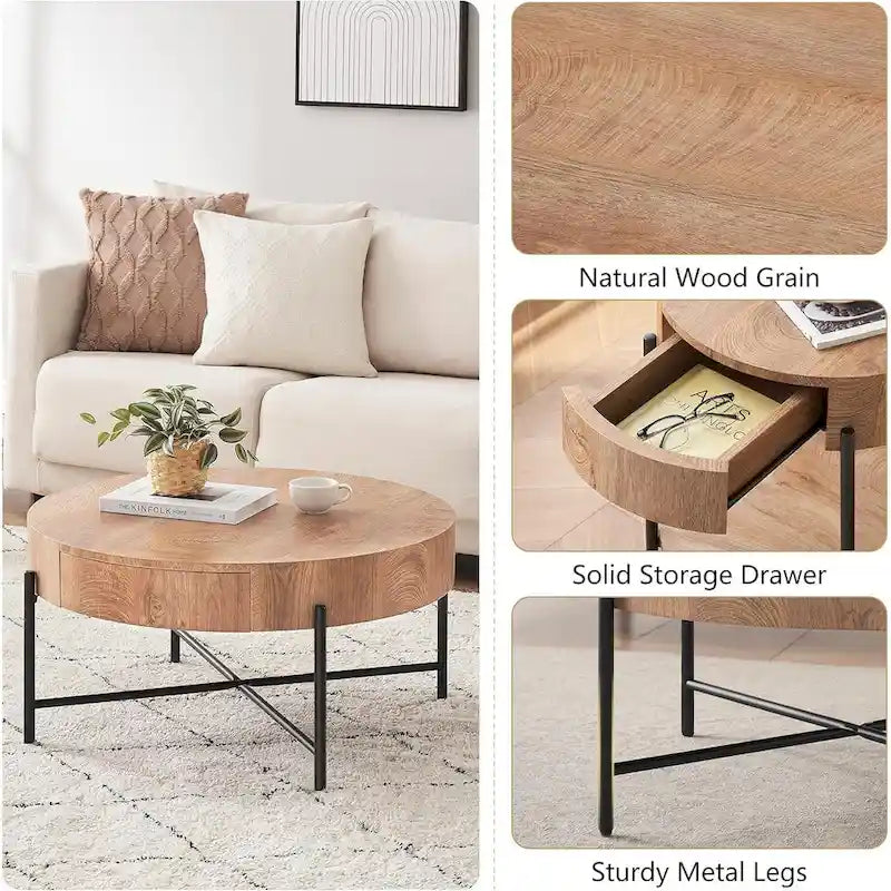 Table basse ronde en bois avec 2 tiroirs
