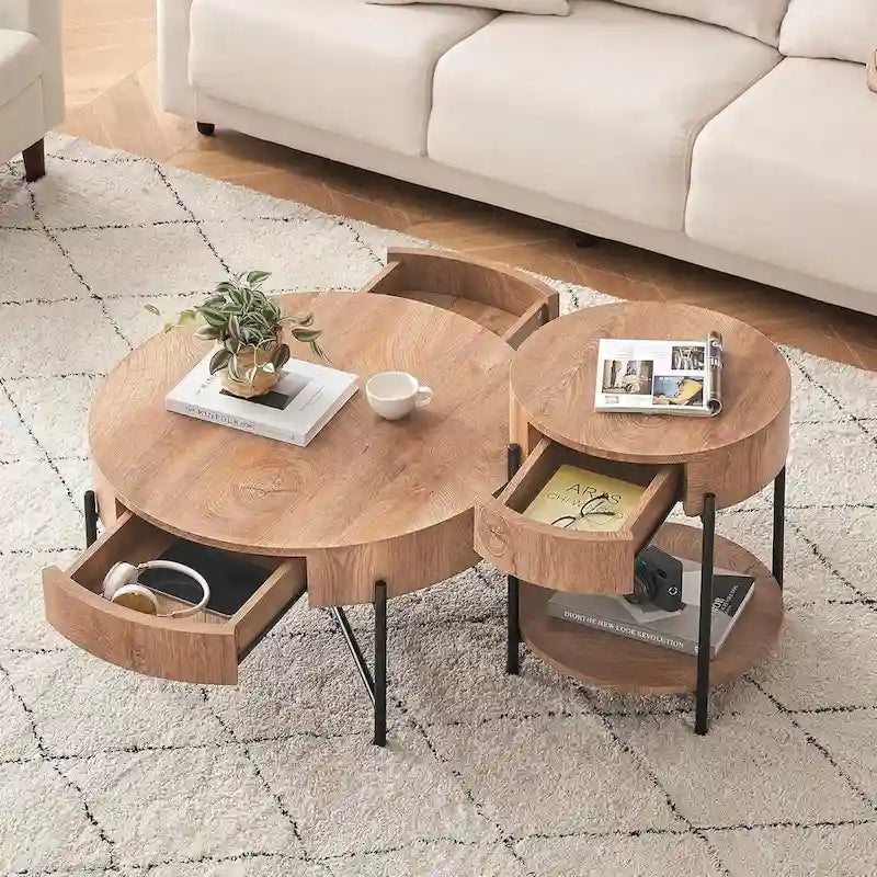 Table basse ronde en bois avec 2 tiroirs