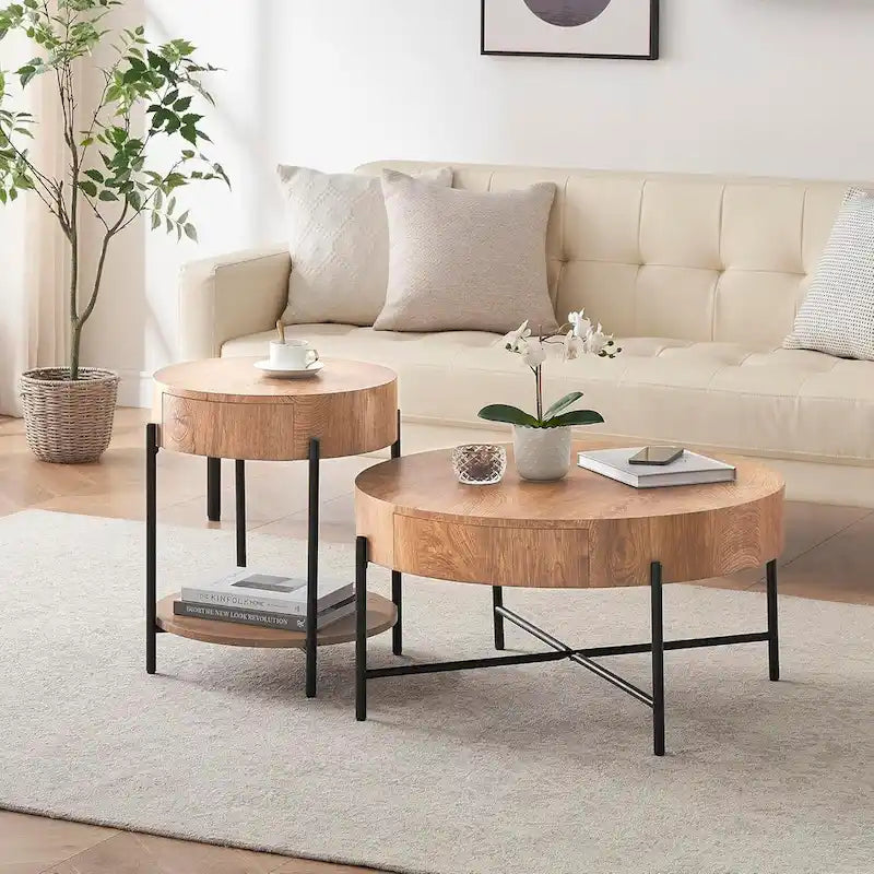 Table basse ronde en bois avec 2 tiroirs