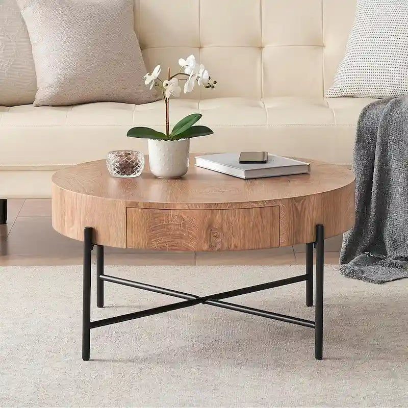 Table basse ronde en bois avec 2 tiroirs