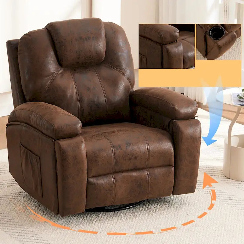 Fauteuil pivotant surdimensionné en similicuir avec porte-gobelet et poche latérale