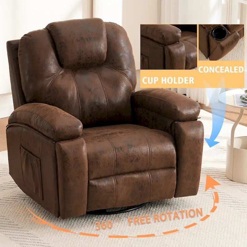 Fauteuil pivotant surdimensionné en similicuir avec porte-gobelet et poche latérale