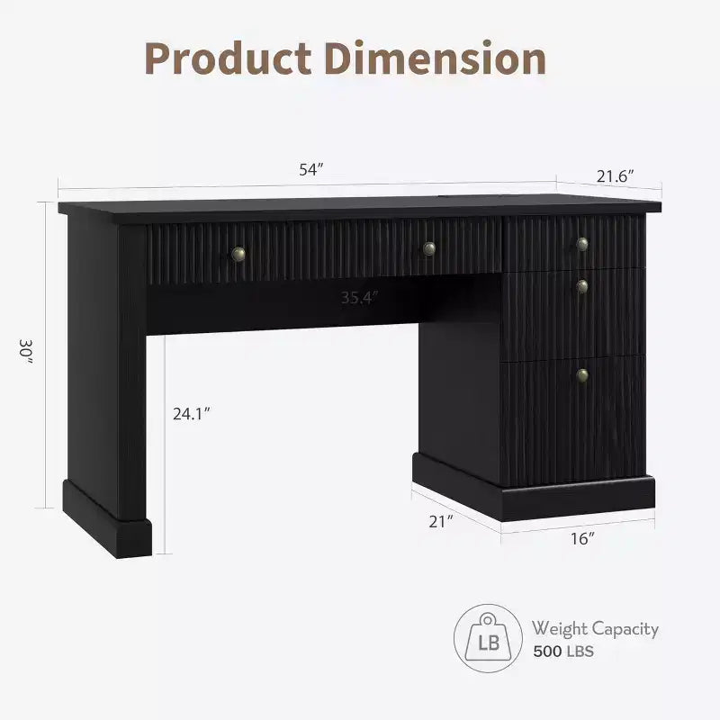 Fluted Home Office Desk Storage, 54 Modern Executive Desk with Charging Station, Wooden Computer Writing Desk with File Drawers for Study Room