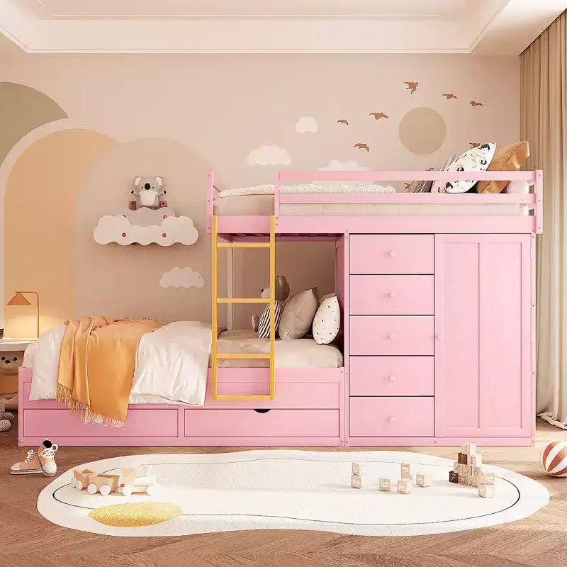 Full over Full Bunk Bed with Storage Wardrobe and Drawers, Full Size Wood Space-Saving Bunk Bed with Guardrail for Apartment, Bedroom