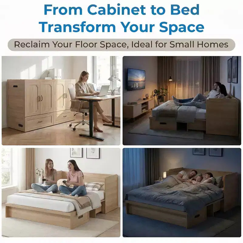 Mjkone Queen Size Convertible Murphy Cabinet Bed with USB Charging, Storage Drawers,No Mattress Included