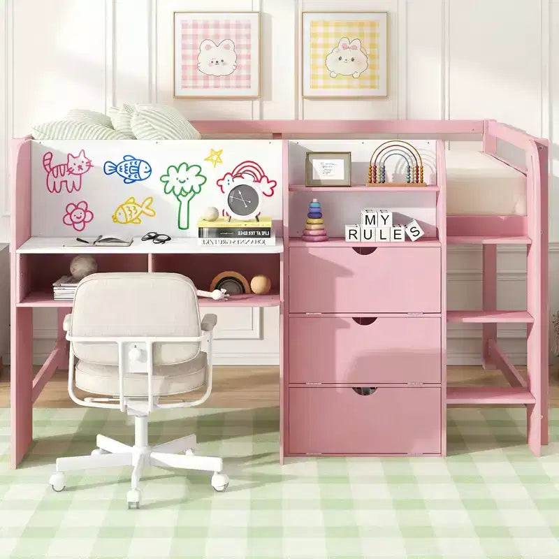 Pink/White Low Loft Bed with Desk, Storage & Whiteboard ¨C Twin, 1-Person