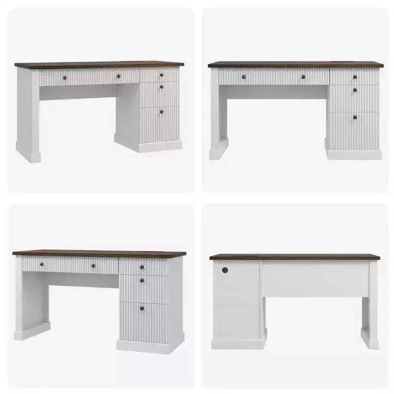 Fluted Home Office Desk Storage, 54 Modern Executive Desk with Charging Station, Wooden Computer Writing Desk with File Drawers for Study Room
