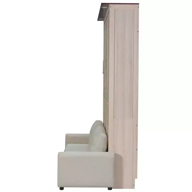 Queen Size Murphy Bed with Sofa, Wooden Queen Cabinet Bed Wall Bed with LED Light, Folding Wall Chest Bed with for Guest Room, Beige