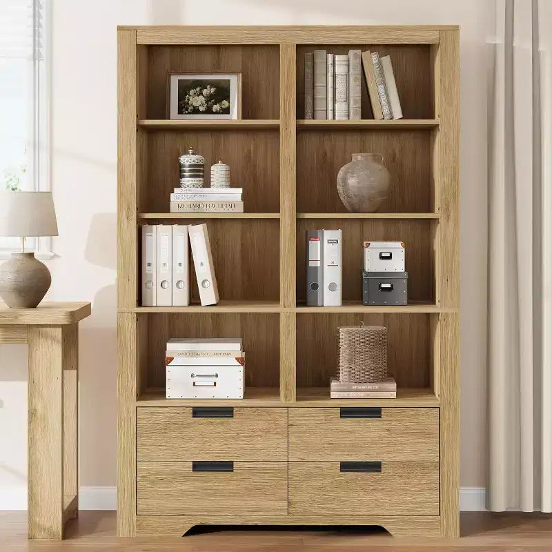 72 Tall Bookcase with 4 Drawers, Farmhouse Freestanding Storage Bookshelf for Bedroom, Living Room, Home Office